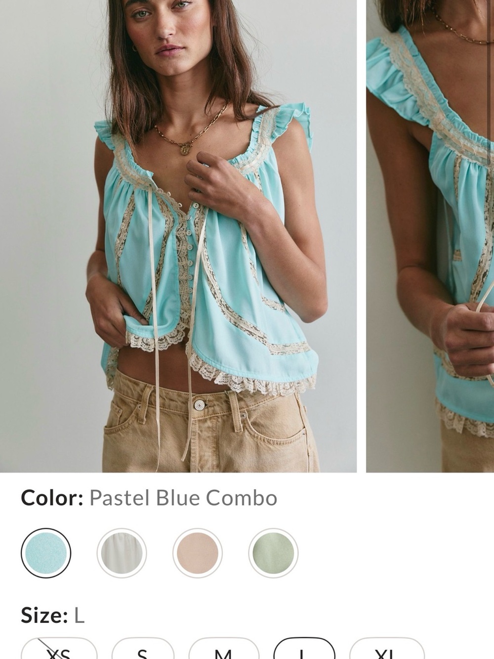 Free People Mabel Pastel Blue Lace-Trim Peasant Tank Top